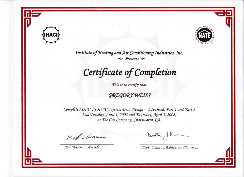 IHACI And NATE Certificate Advanced Performance Heating Air