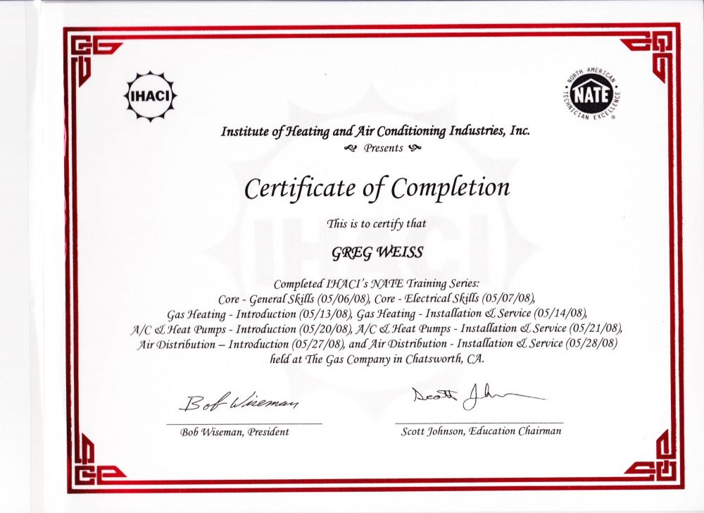 IHACI and NATE HVAC Core Series Certificate of Completion Advanced